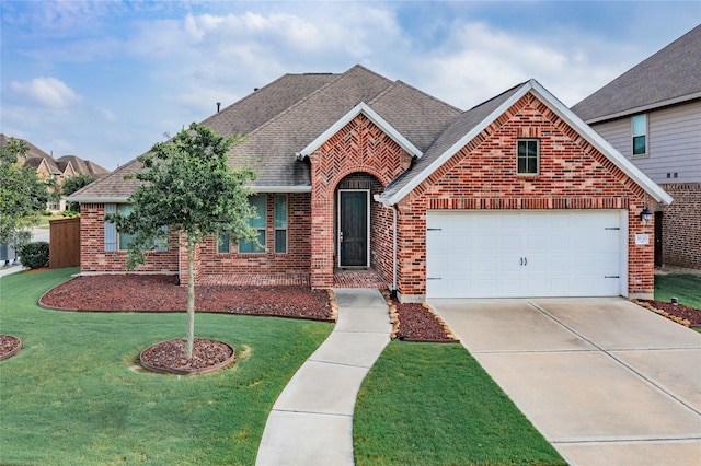 view of front of property with a front yard and a garage