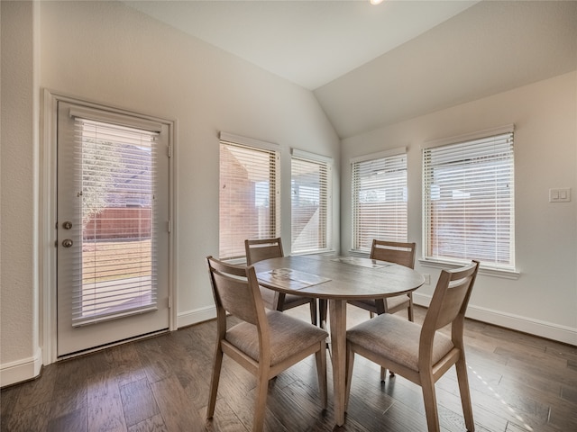 dining room with lofted ceiling, dark hardwood / wood-style floors, and a healthy amount of sunlight