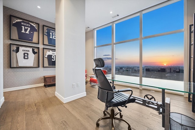 home office featuring expansive windows and wood-type flooring