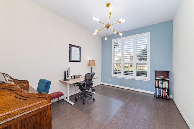 office area with dark hardwood / wood-style flooring and a chandelier