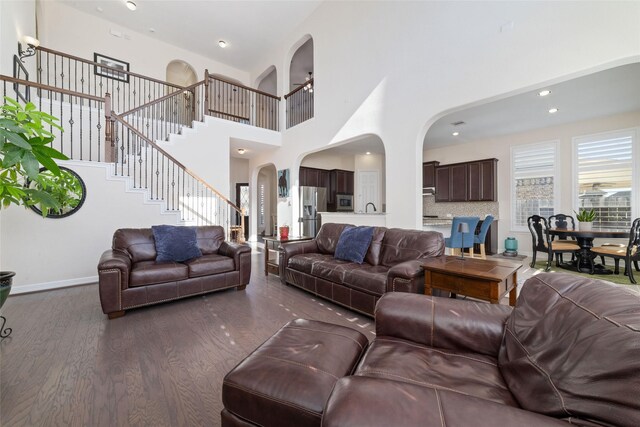 living room featuring a high ceiling and dark hardwood / wood-style flooring