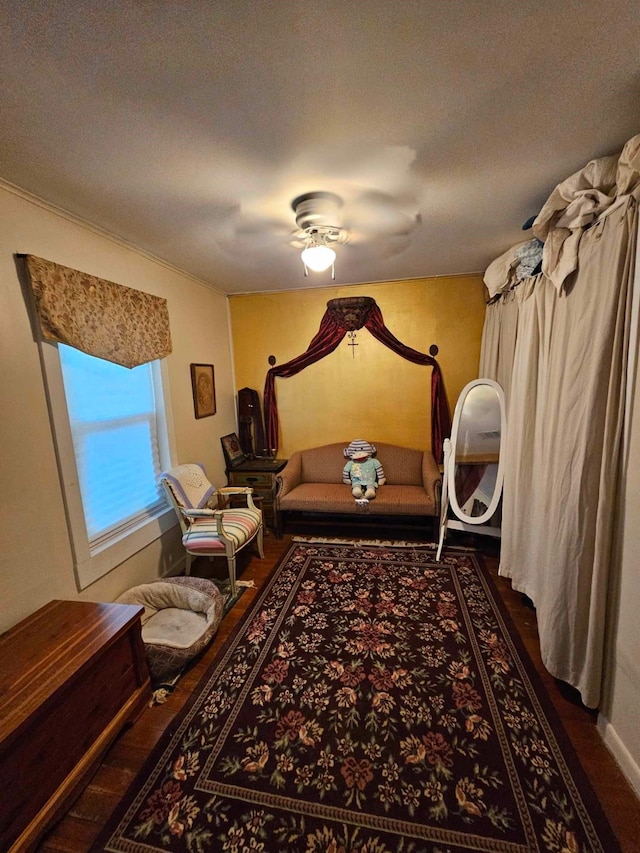 sitting room featuring dark hardwood / wood-style floors, ceiling fan, and a textured ceiling