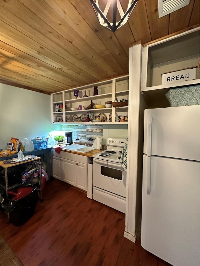 kitchen featuring white appliances, white cabinets, sink, dark hardwood / wood-style floors, and wood ceiling