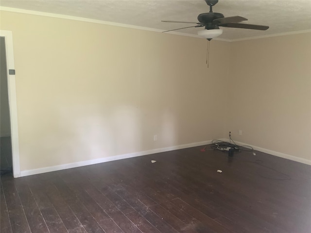 unfurnished room with ceiling fan, crown molding, and dark hardwood / wood-style flooring