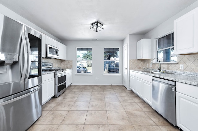 kitchen featuring appliances with stainless steel finishes, sink, decorative backsplash, and white cabinetry