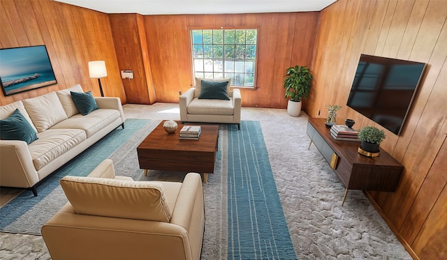 living room featuring wooden walls