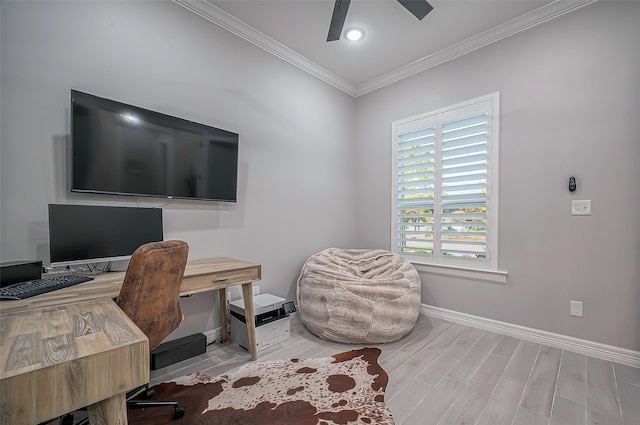 office area featuring ceiling fan, a wealth of natural light, ornamental molding, and light wood-type flooring