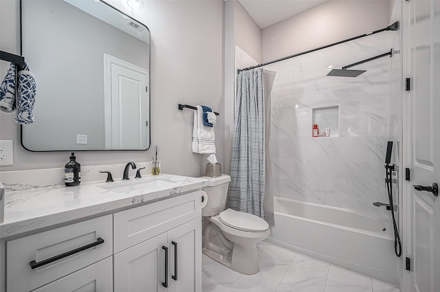 full bathroom with toilet, vanity, and shower / tub combo with curtain