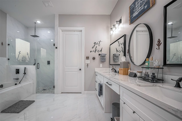 bathroom with separate shower and tub and vanity