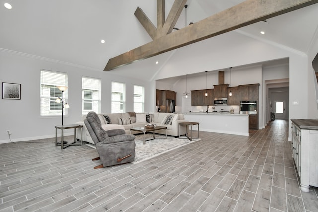 living room featuring light wood-type flooring, beam ceiling, and a healthy amount of sunlight