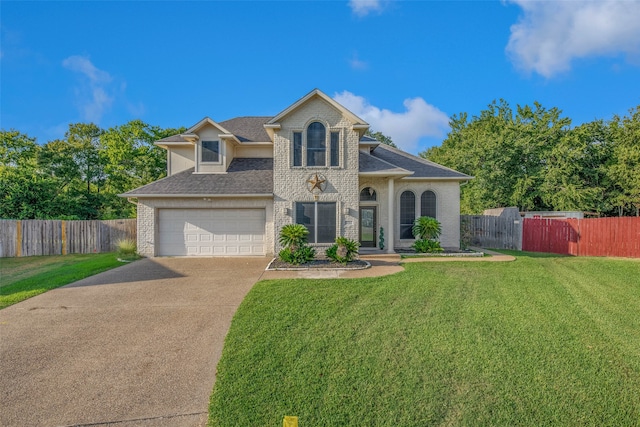 front facade with a garage and a front lawn