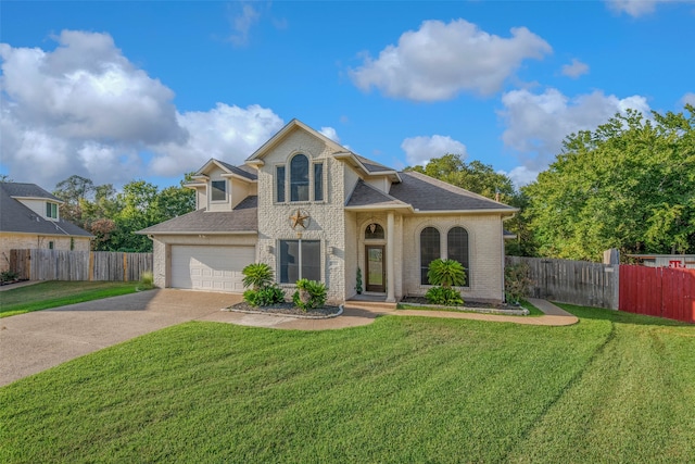 front facade with a front yard and a garage