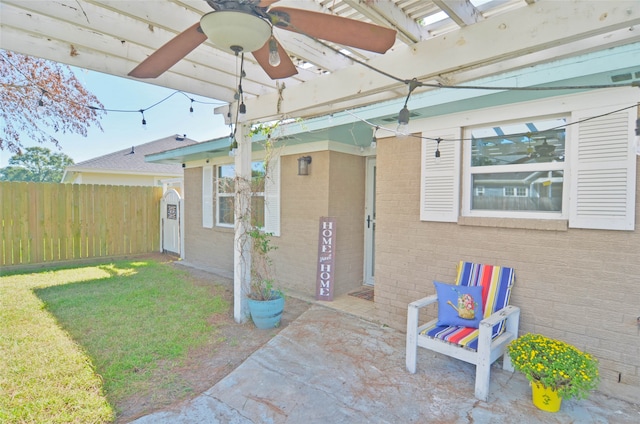 exterior space featuring ceiling fan