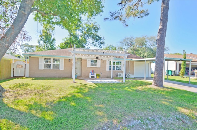 ranch-style house with a carport, a garage, a front lawn, and a pergola