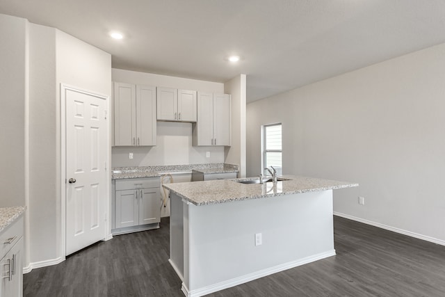 kitchen featuring a center island with sink, sink, and dark hardwood / wood-style flooring