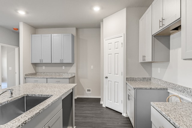 kitchen featuring light stone countertops, dark wood-type flooring, and sink