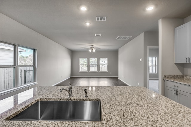 kitchen with hardwood / wood-style floors, light stone countertops, ceiling fan, and sink