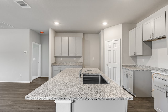 kitchen with sink, dark wood-type flooring, and an island with sink