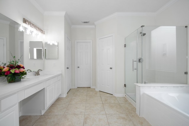 bathroom featuring crown molding, independent shower and bath, tile patterned flooring, and vanity