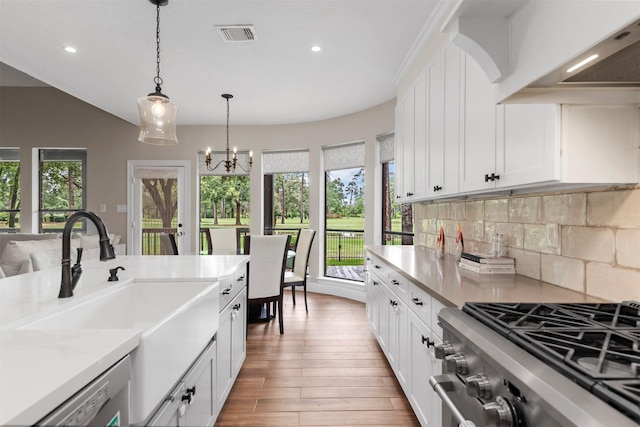 kitchen featuring hardwood / wood-style floors, a wealth of natural light, pendant lighting, and appliances with stainless steel finishes