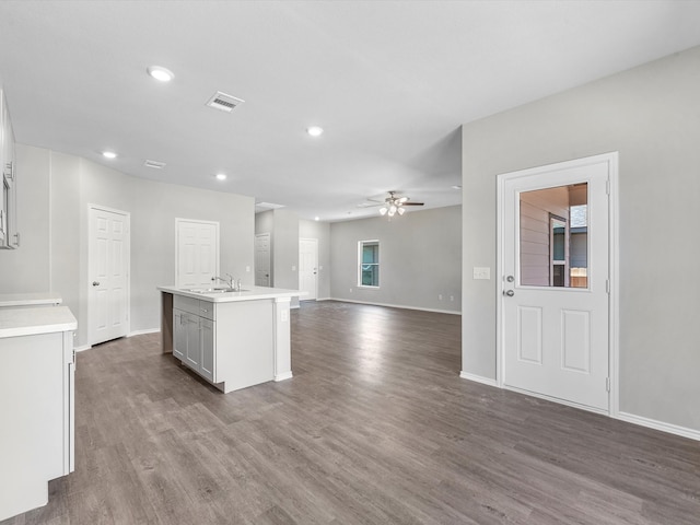 kitchen featuring an island with sink, ceiling fan, hardwood / wood-style flooring, and sink