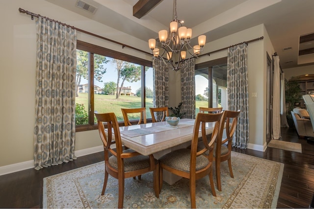 dining space with an inviting chandelier, dark hardwood / wood-style flooring, and beam ceiling