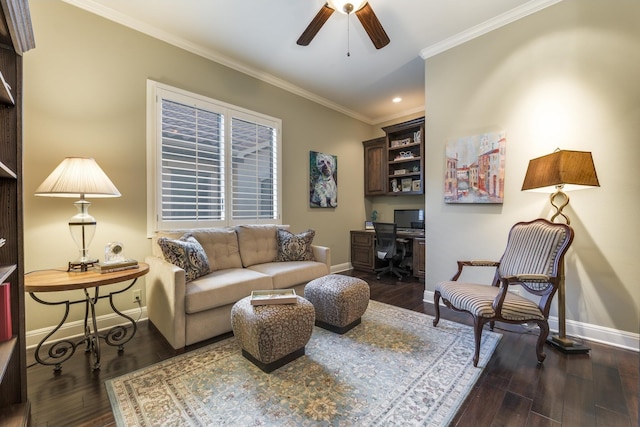 living room featuring ornamental molding, ceiling fan, and dark hardwood / wood-style flooring