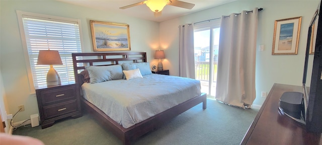 bedroom featuring access to outside, carpet flooring, and ceiling fan