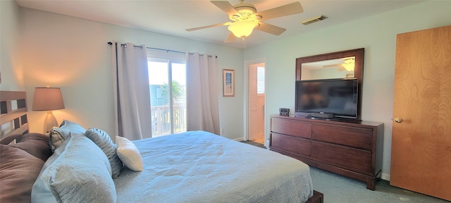 carpeted bedroom with ceiling fan and access to outside