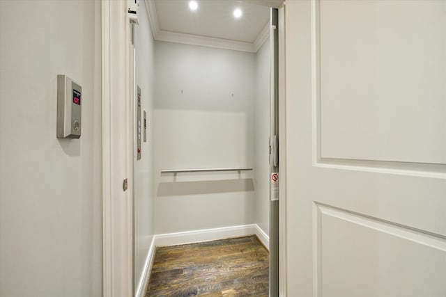 hallway with crown molding, dark hardwood / wood-style flooring, and elevator