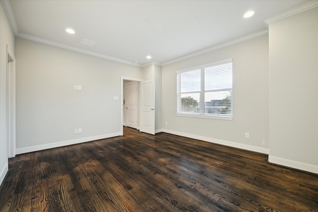 unfurnished bedroom featuring dark hardwood / wood-style floors and crown molding