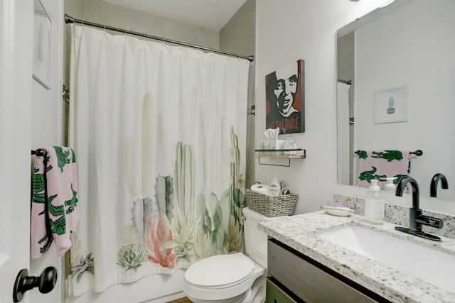 full bathroom featuring vanity, toilet, and shower / bathtub combination with curtain