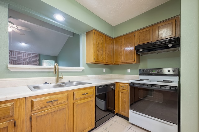 kitchen with dishwasher, sink, lofted ceiling, white electric range oven, and ceiling fan