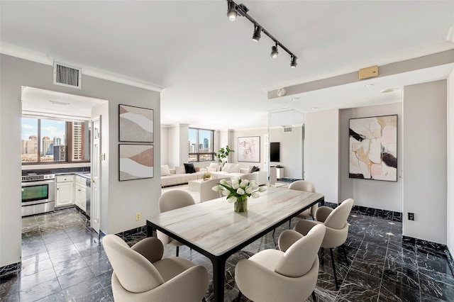 dining space with rail lighting and ornamental molding