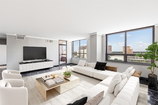 living room with a wall of windows and hardwood / wood-style flooring