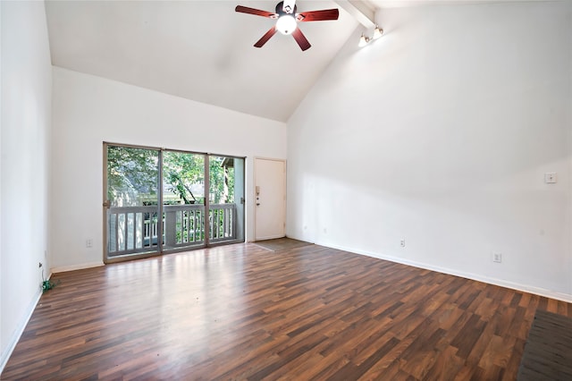 empty room featuring beam ceiling, dark hardwood / wood-style floors, ceiling fan, and high vaulted ceiling