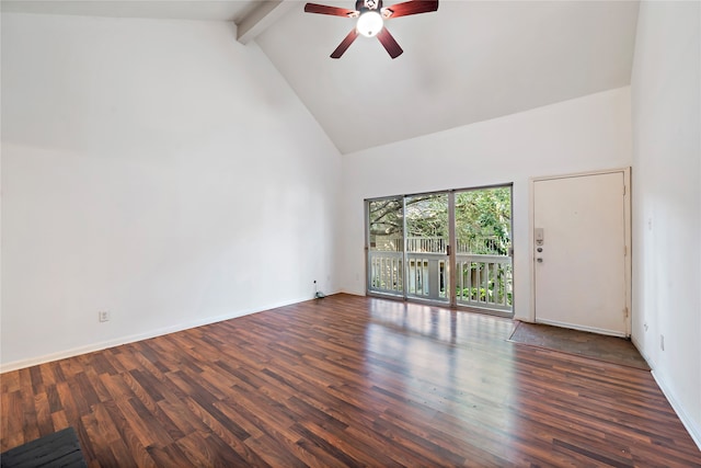 unfurnished room with beam ceiling, dark hardwood / wood-style flooring, ceiling fan, and high vaulted ceiling