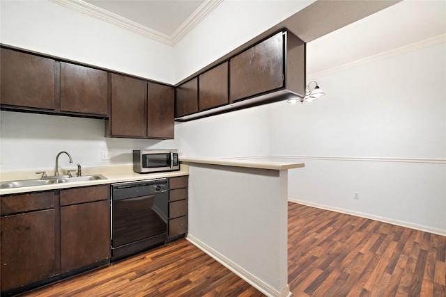 kitchen featuring dark hardwood / wood-style floors, dark brown cabinetry, black dishwasher, and sink