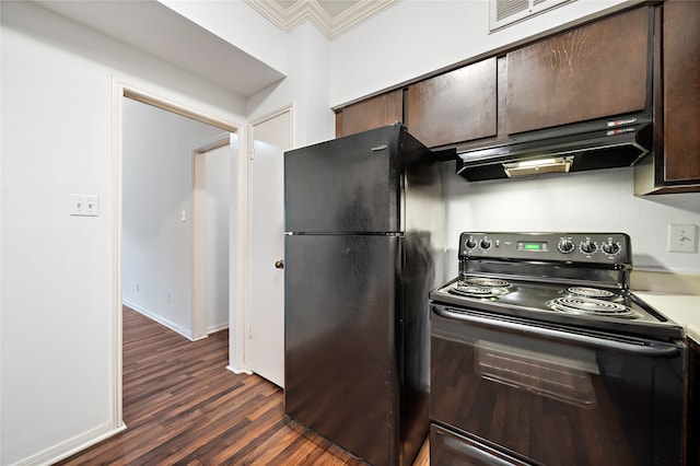 kitchen featuring dark brown cabinets, black appliances, dark hardwood / wood-style floors, and crown molding