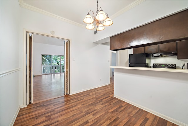 kitchen with dark brown cabinets, black appliances, a notable chandelier, crown molding, and dark hardwood / wood-style flooring