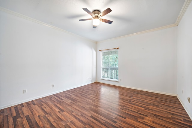 unfurnished room featuring ceiling fan, dark hardwood / wood-style floors, and ornamental molding