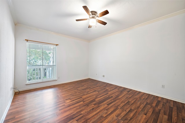 spare room featuring ceiling fan, crown molding, and dark hardwood / wood-style flooring