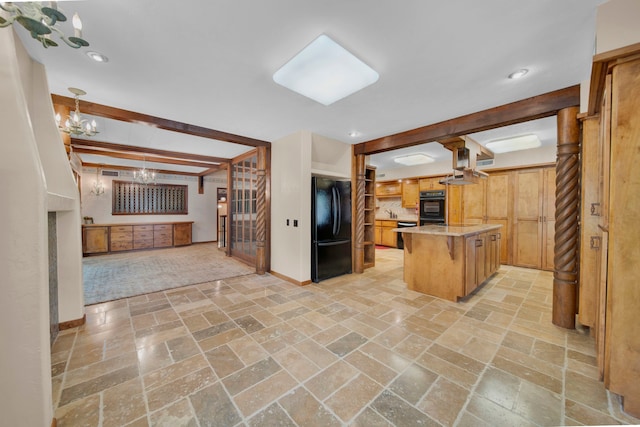 110 Monroe St, Giddings, TX 78942 - kitchen with baseboards, recessed lighting, a kitchen bar, beam ceiling, and black appliances