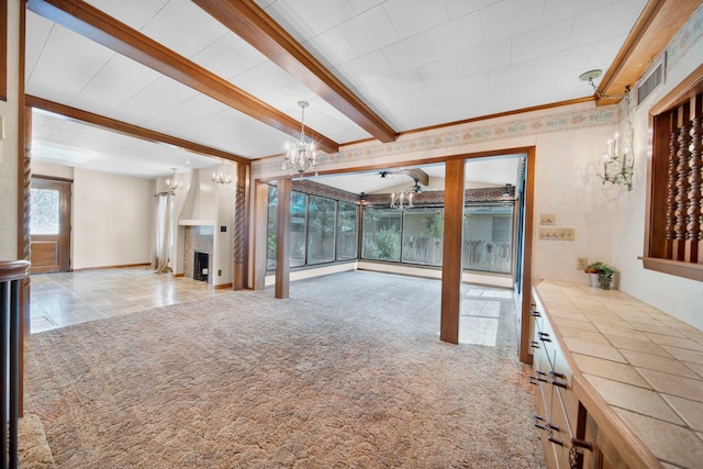 unfurnished living room with beam ceiling, light carpet, and a chandelier