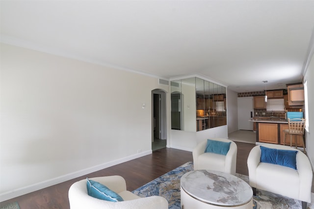 living room with dark hardwood / wood-style floors