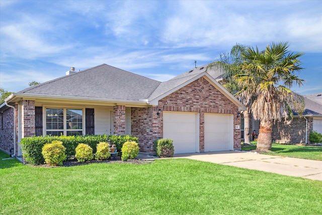 single story home featuring a front yard and a garage