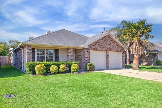 ranch-style home featuring a garage and a front lawn