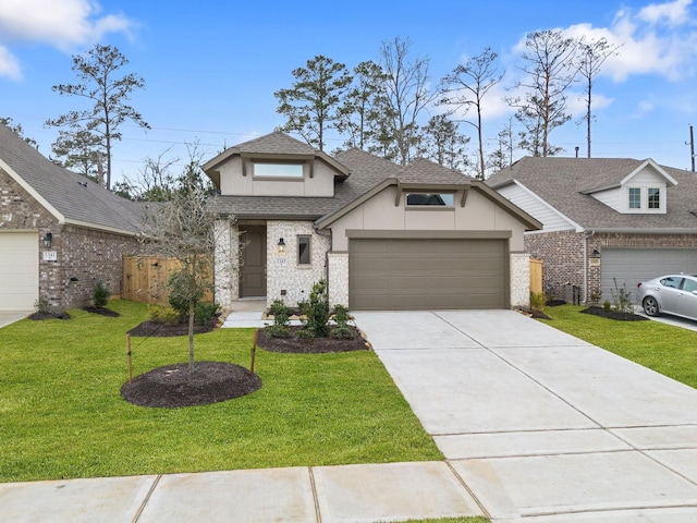 view of front facade featuring concrete driveway, a front lawn, a shingled roof, and stucco siding