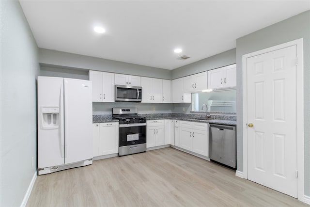 kitchen featuring light hardwood / wood-style flooring, sink, stainless steel appliances, and white cabinets