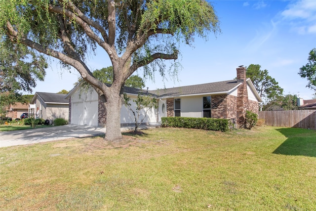 ranch-style house featuring a front yard and a garage